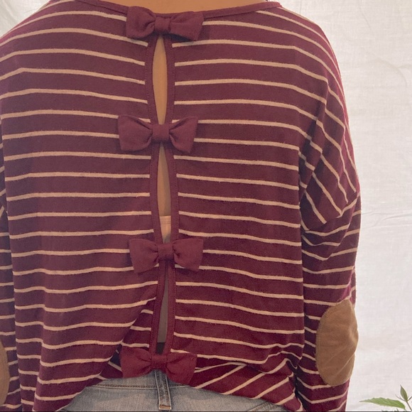 Dry Goods Tops - Burgundy Striped Top W Patch Elbows and Open Back